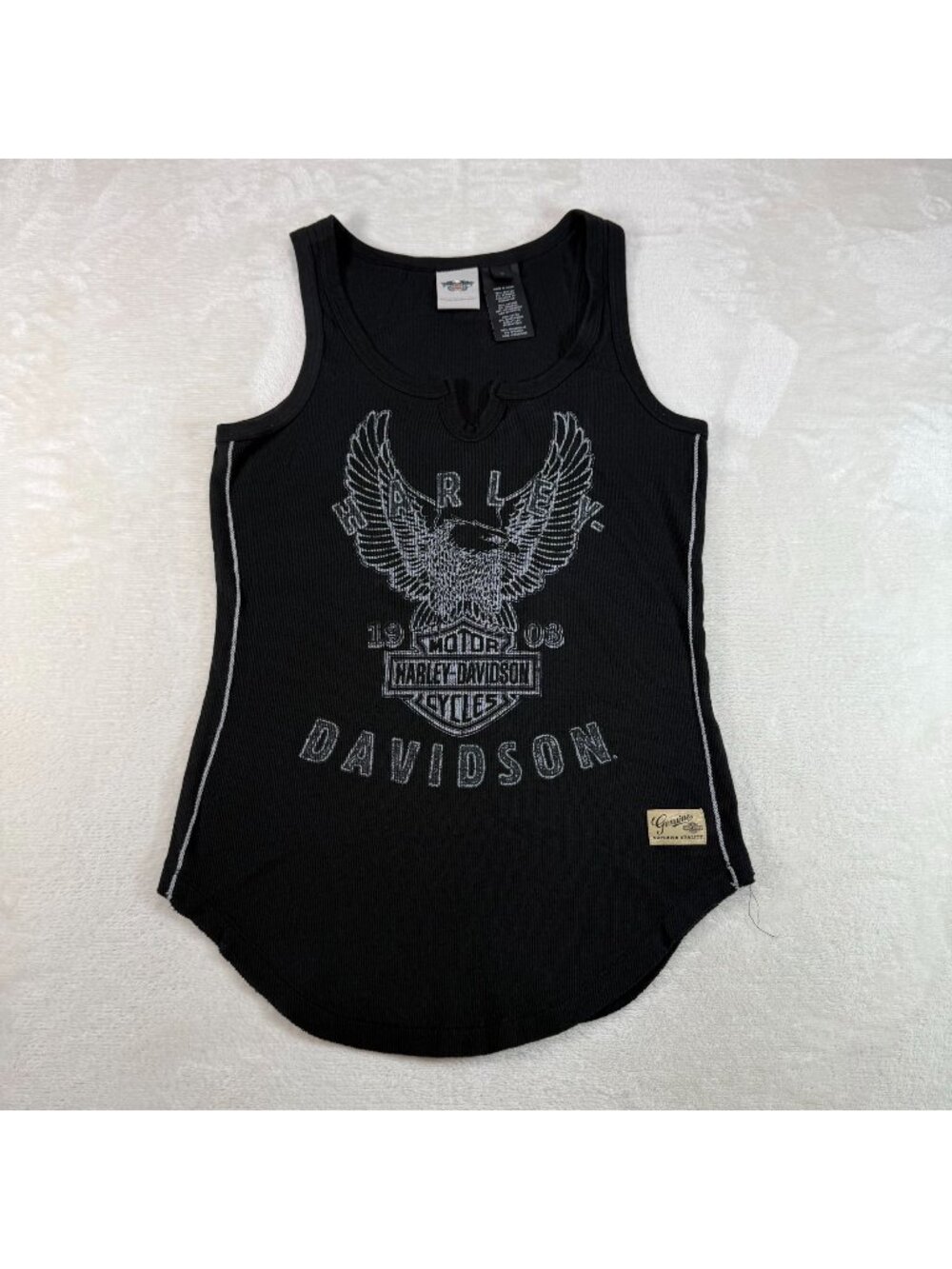 Harley Davidson Womens L Notched Tank Top Black Biker Eagle Motorcycle Sleeveles